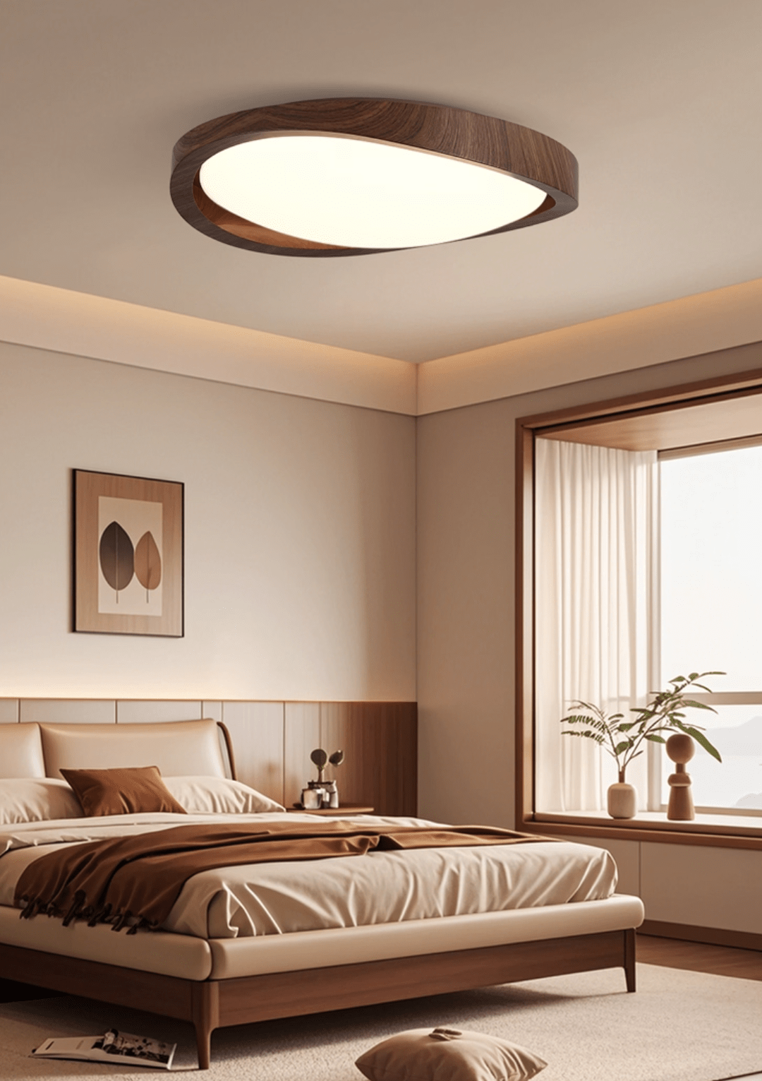 Modern Curved Walnut Finish LED Ceiling Light