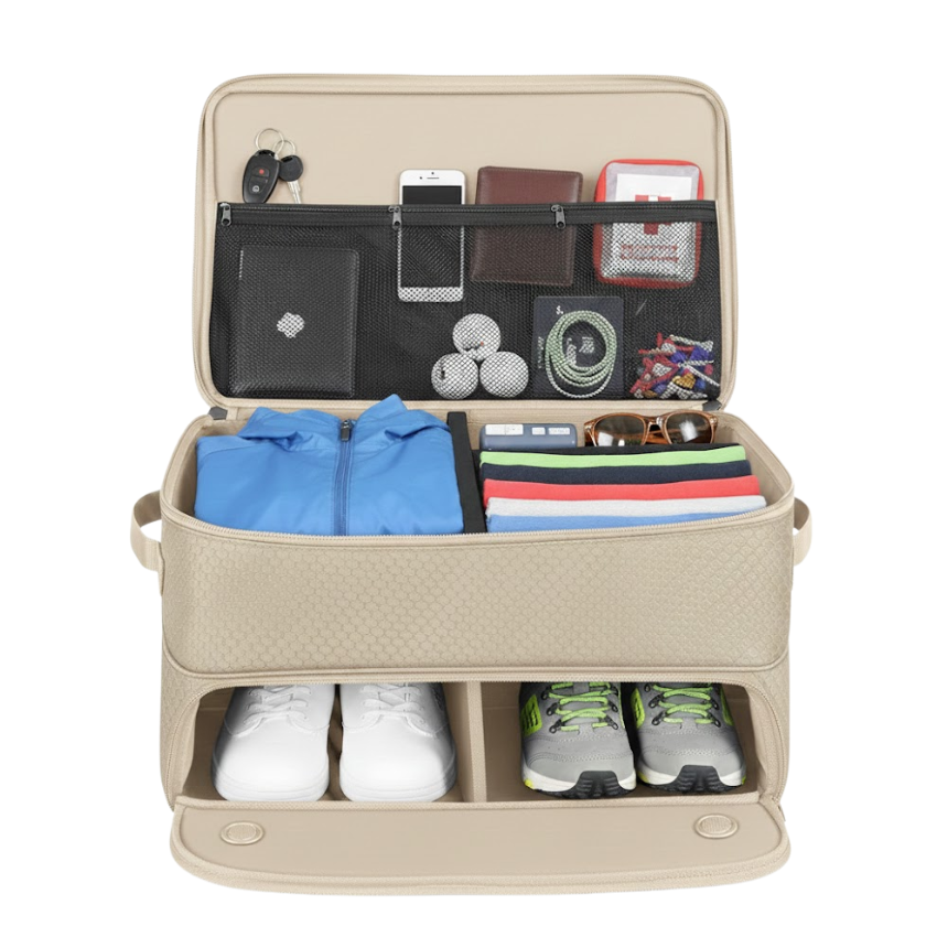 2-Layer Car Storage with Lower Shoe Compartment, Trunk Organizer