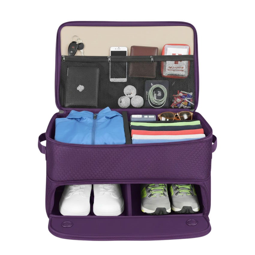 2-Layer Car Storage with Lower Shoe Compartment, Trunk Organizer
