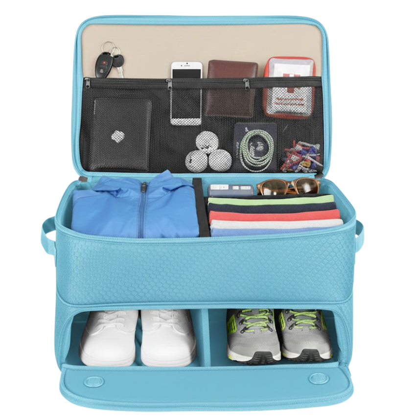 2-Layer Car Storage with Lower Shoe Compartment, Trunk Organizer