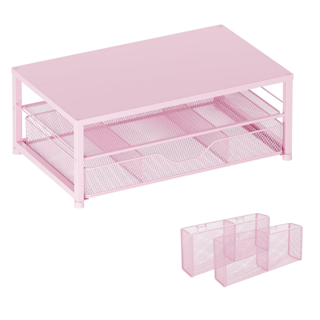 2-Tier Metal Monitor Stand with Drawer and Side Storage Organizer