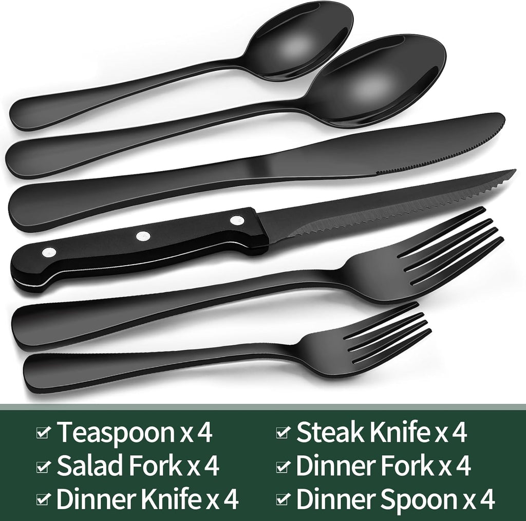 24-Piece Black Dining Cutlery Set for Everyday Table Use