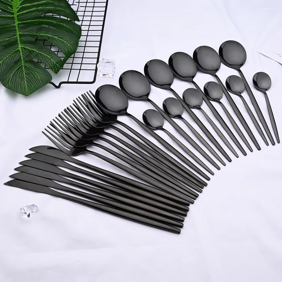 24-Piece Black Dining Cutlery Set for Everyday Table Use