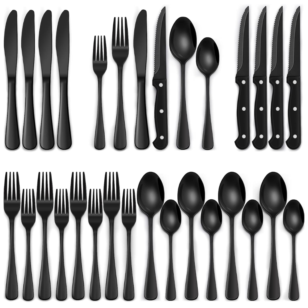 24-Piece Black Dining Cutlery Set for Everyday Table Use
