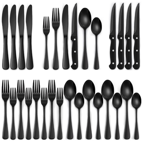 24-Piece Black Dining Cutlery Set for Everyday Table Use