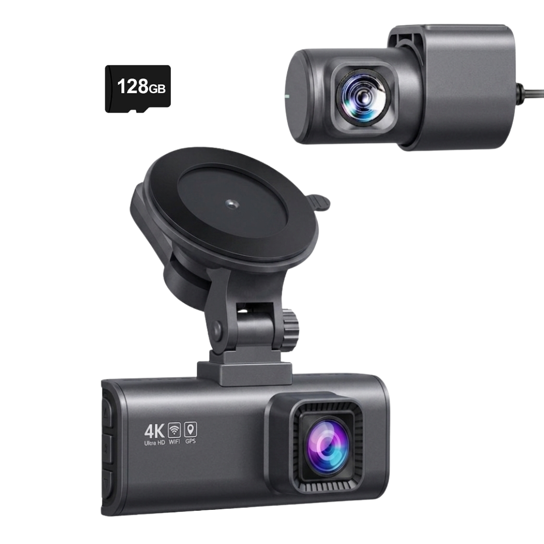 4K Front and Rear Dash Camera with GPS, WiFi, and 128GB Card