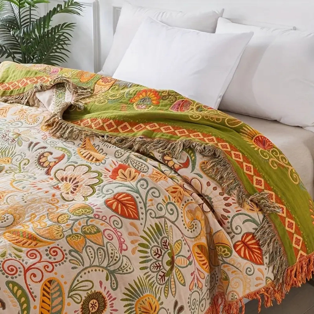 Reversible Boho Throw Blanket with Fringes for Sofa & Bed