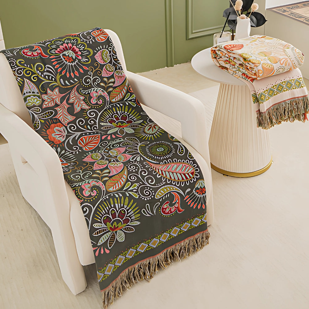 Reversible Boho Throw Blanket with Fringes for Sofa & Bed