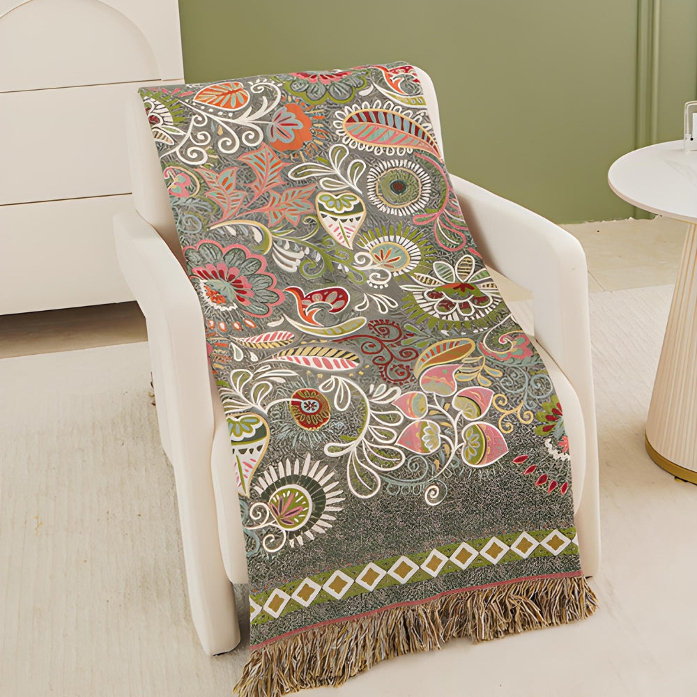 Reversible Boho Throw Blanket with Fringes for Sofa & Bed