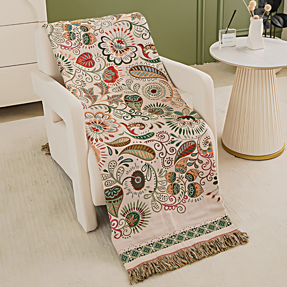 Reversible Boho Throw Blanket with Fringes for Sofa & Bed