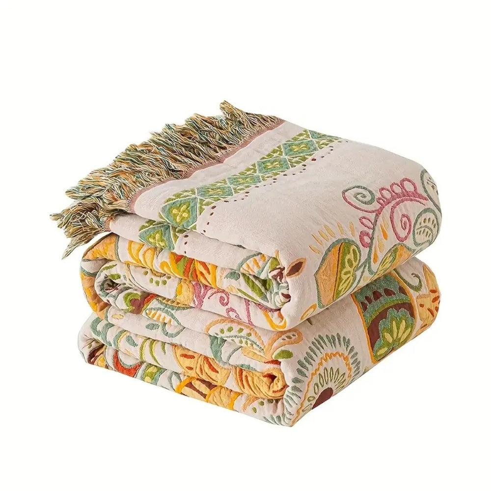 Reversible Boho Throw Blanket with Fringes for Sofa & Bed