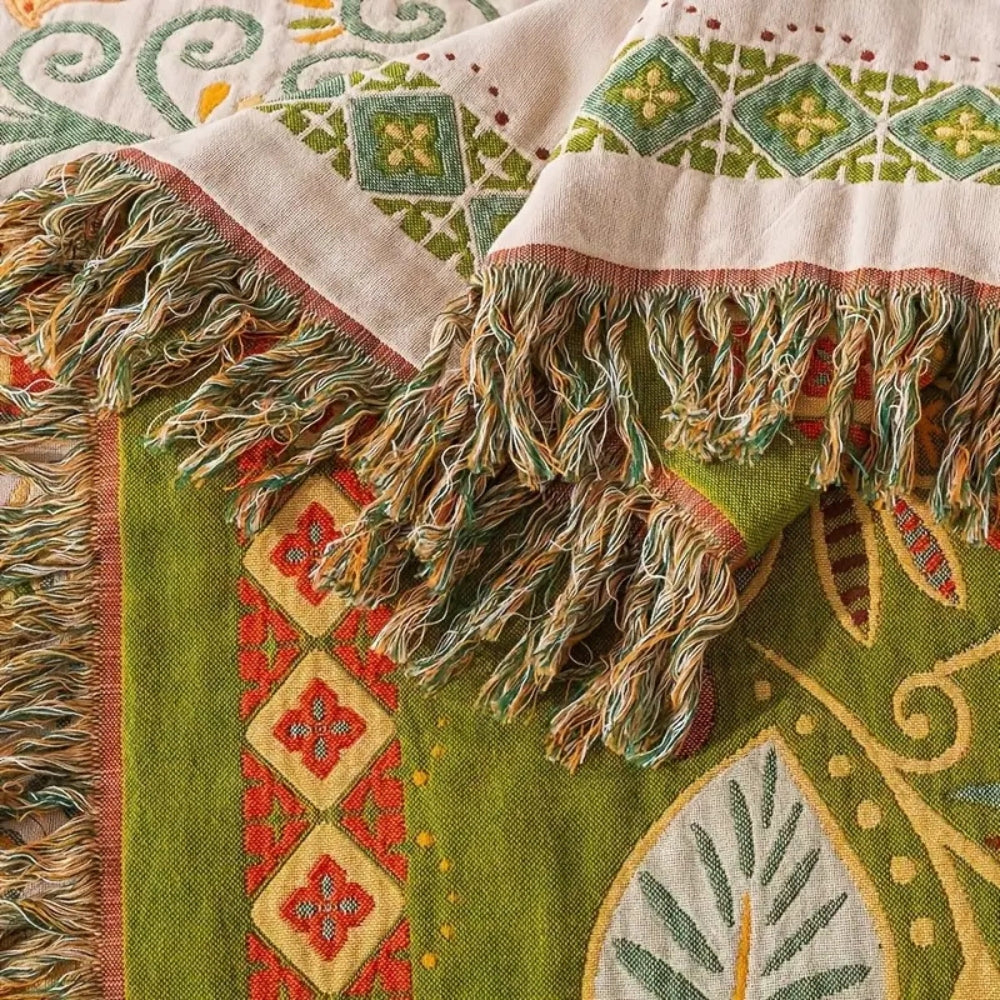 Reversible Boho Throw Blanket with Fringes for Sofa & Bed