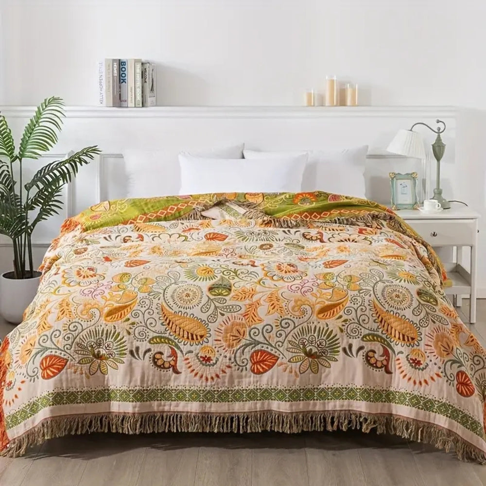 Reversible Boho Throw Blanket with Fringes for Sofa & Bed