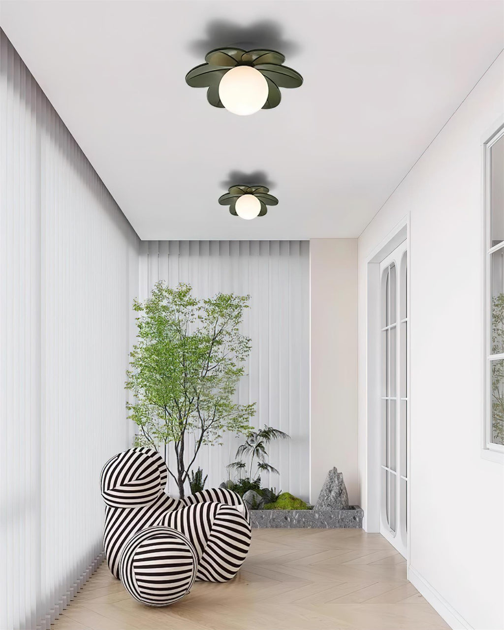 Floral Glass Ceiling Light with Frosted Globe Shade