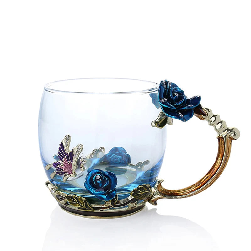 Enamel Rose Glass Tea Cup Set with Spoon for Mother's Day Gift