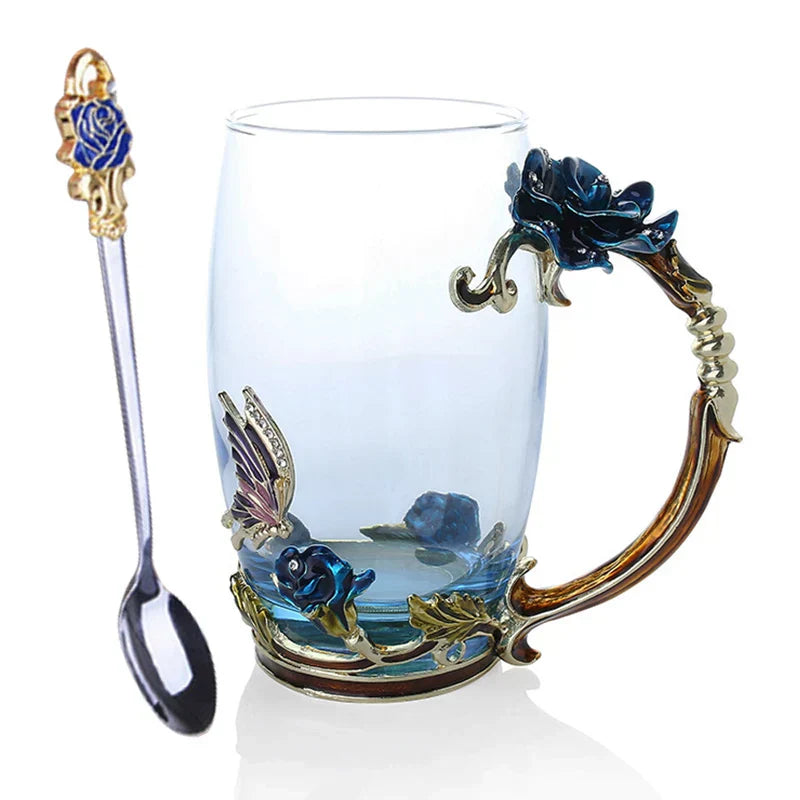 Enamel Rose Glass Tea Cup Set with Spoon for Mother's Day Gift