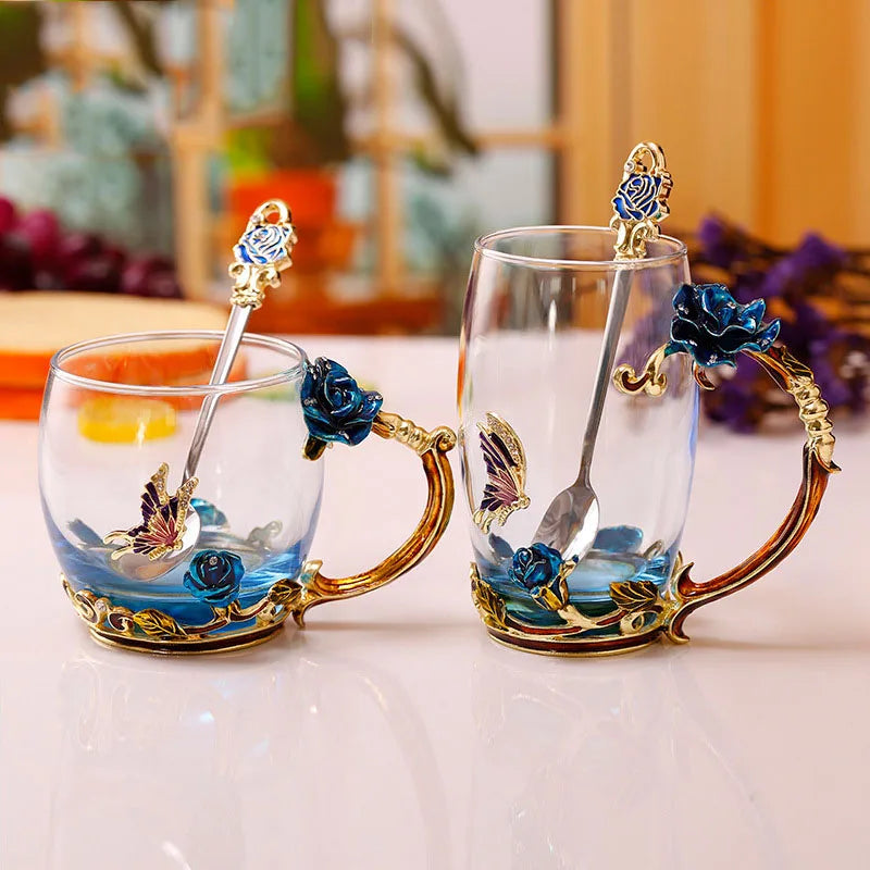 Enamel Rose Glass Tea Cup Set with Spoon for Mother's Day Gift