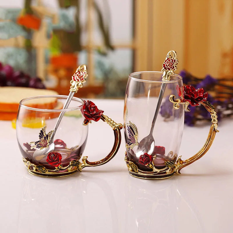 Enamel Rose Glass Tea Cup Set with Spoon for Mother's Day Gift