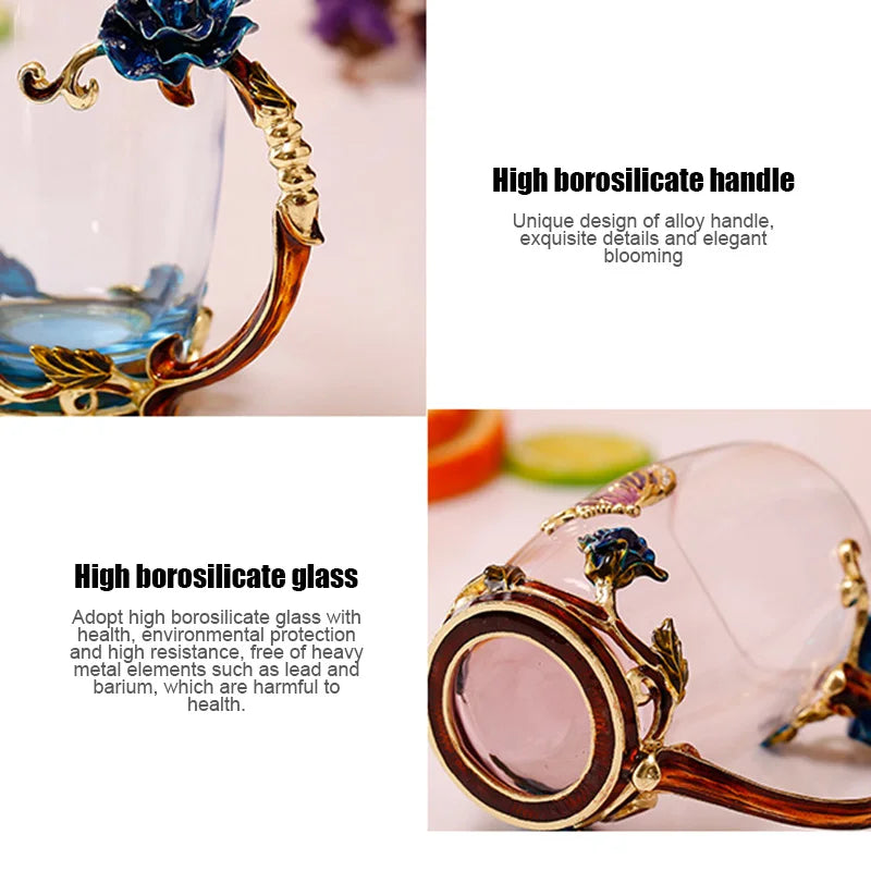 Enamel Rose Glass Tea Cup Set with Spoon for Mother's Day Gift