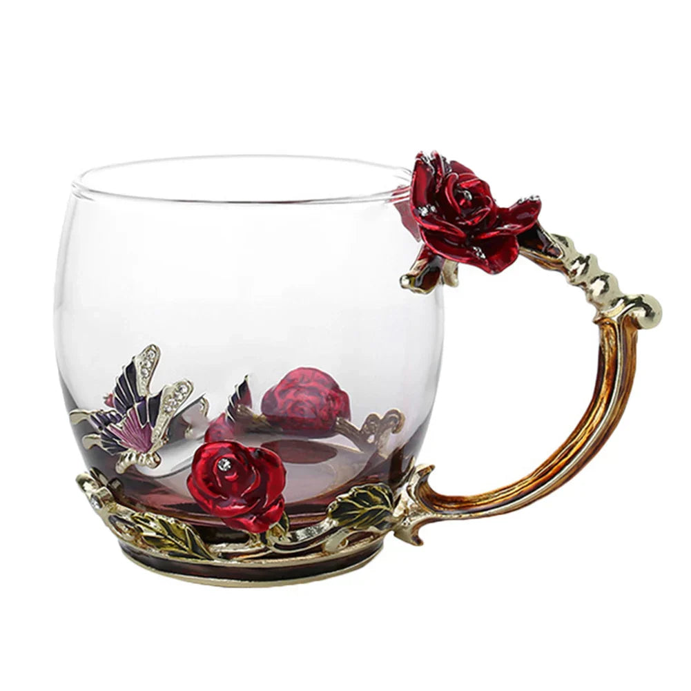 Enamel Rose Glass Tea Cup Set with Spoon for Mother's Day Gift