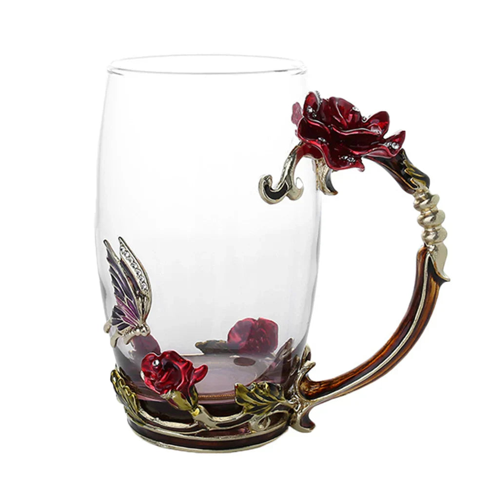 Enamel Rose Glass Tea Cup Set with Spoon for Mother's Day Gift