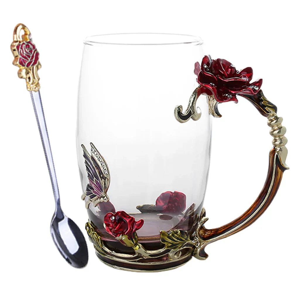 Enamel Rose Glass Tea Cup Set with Spoon for Mother's Day Gift