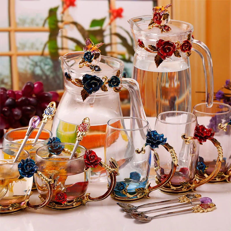 Enamel Rose Glass Tea Cup Set with Spoon for Mother's Day Gift