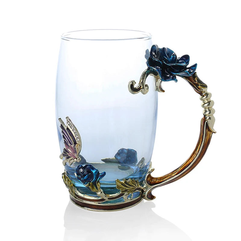 Enamel Rose Glass Tea Cup Set with Spoon for Mother's Day Gift