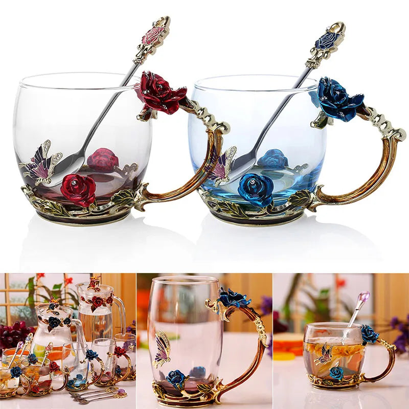Enamel Rose Glass Tea Cup Set with Spoon for Mother's Day Gift