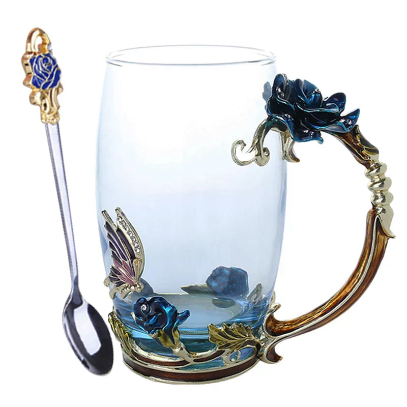 Enamel Rose Glass Tea Cup Set with Spoon for Mother's Day Gift