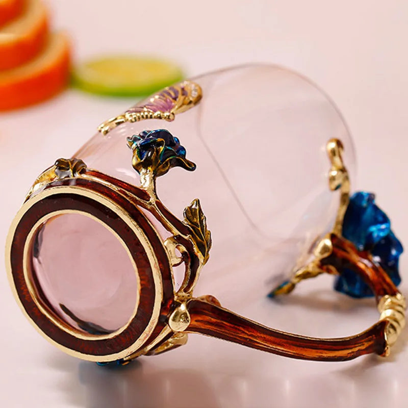 Enamel Rose Glass Tea Cup Set with Spoon for Mother's Day Gift