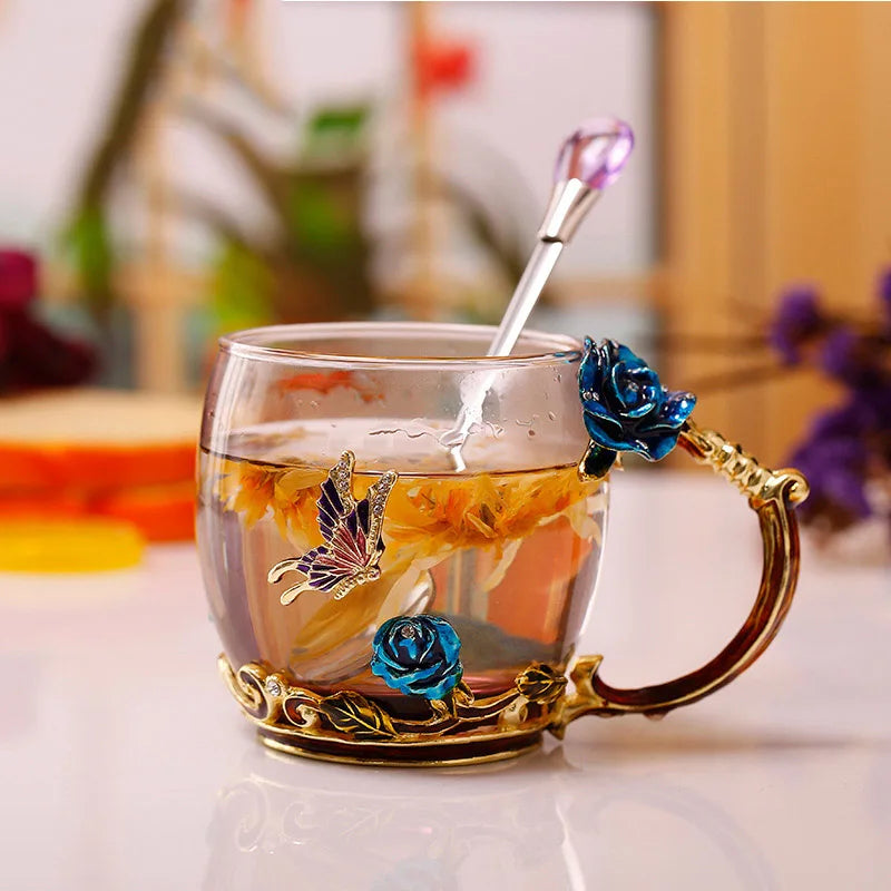 Enamel Rose Glass Tea Cup Set with Spoon for Mother's Day Gift