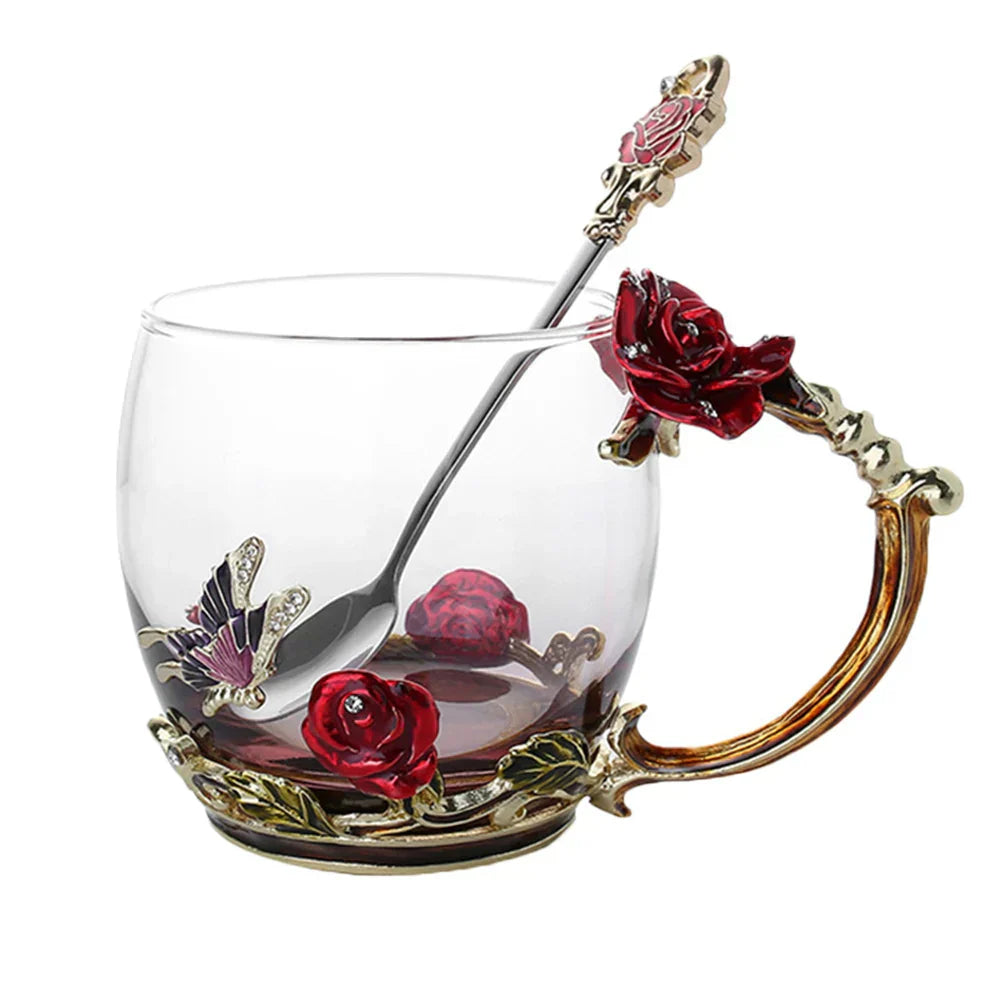 Enamel Rose Glass Tea Cup Set with Spoon for Mother's Day Gift
