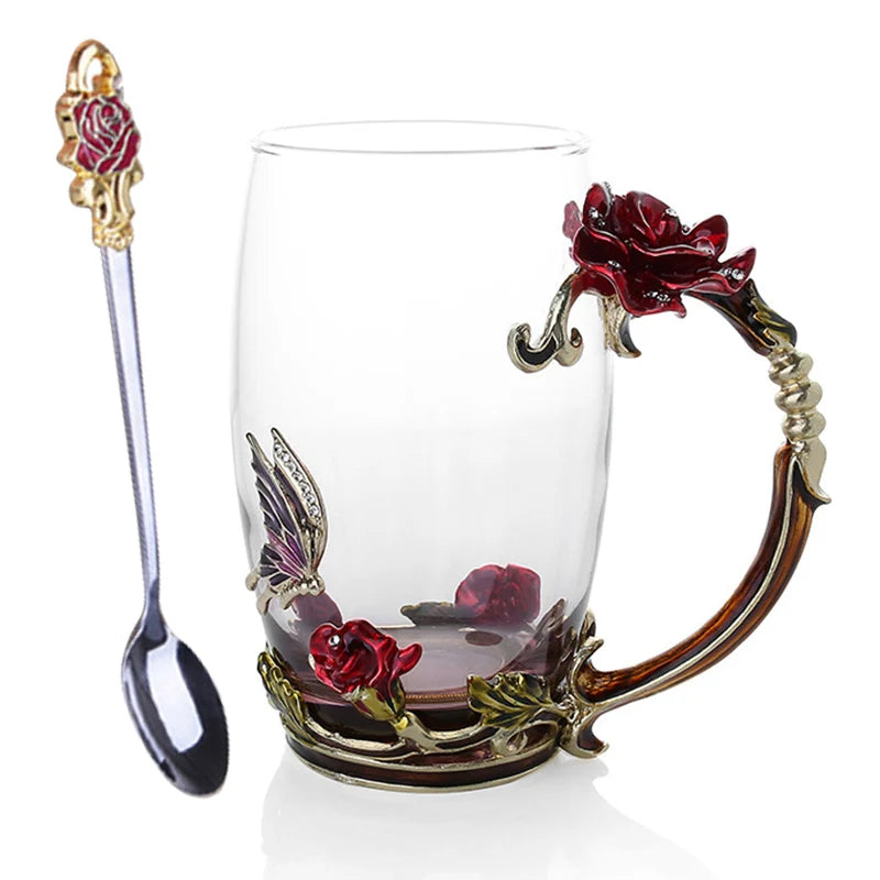 Enamel Rose Glass Tea Cup Set with Spoon for Mother's Day Gift