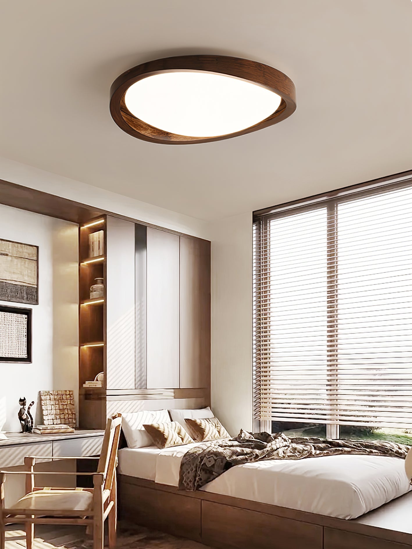 Modern Curved Walnut Finish LED Ceiling Light