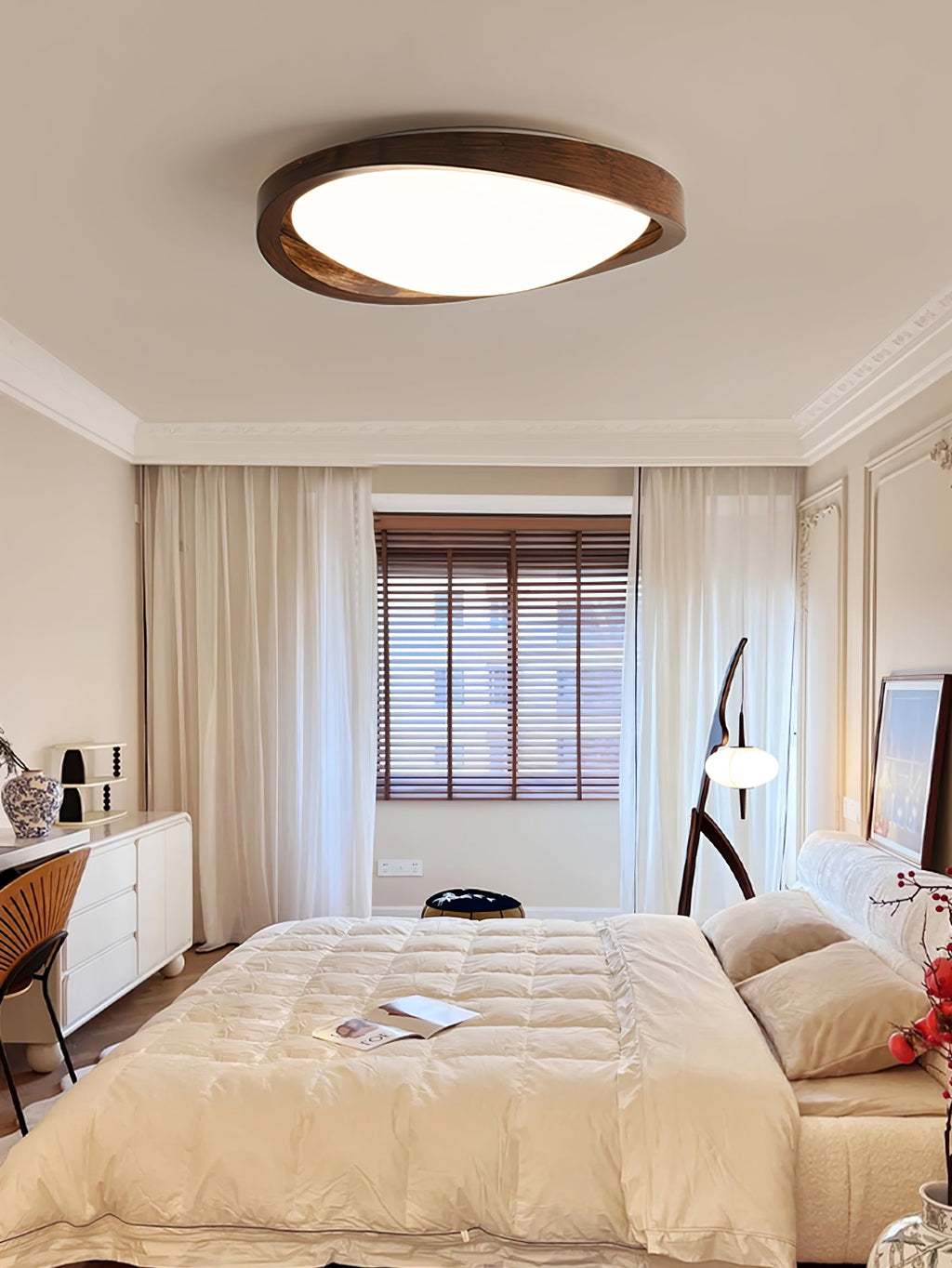 Modern Curved Walnut Finish LED Ceiling Light