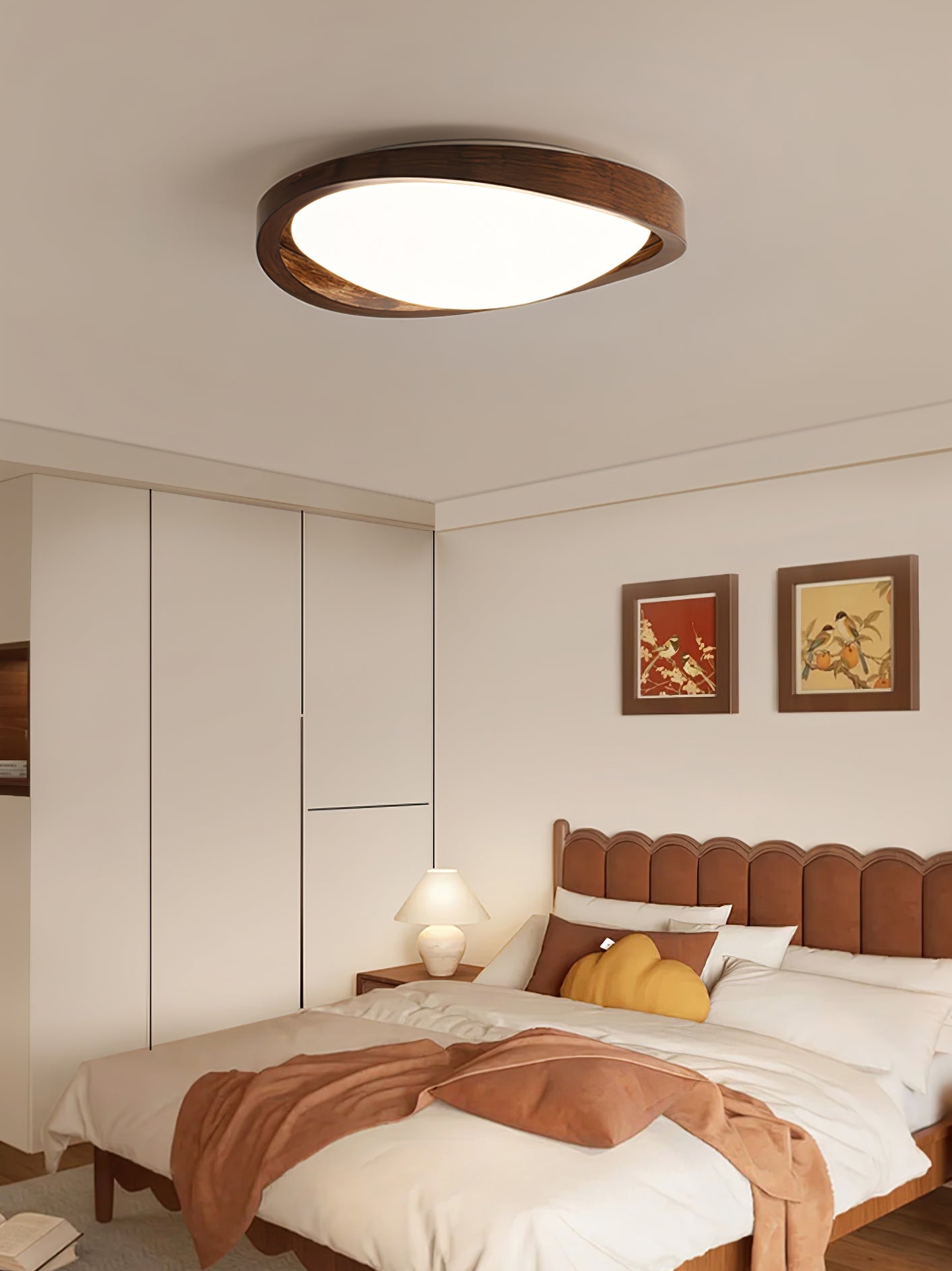 Modern Curved Walnut Finish LED Ceiling Light