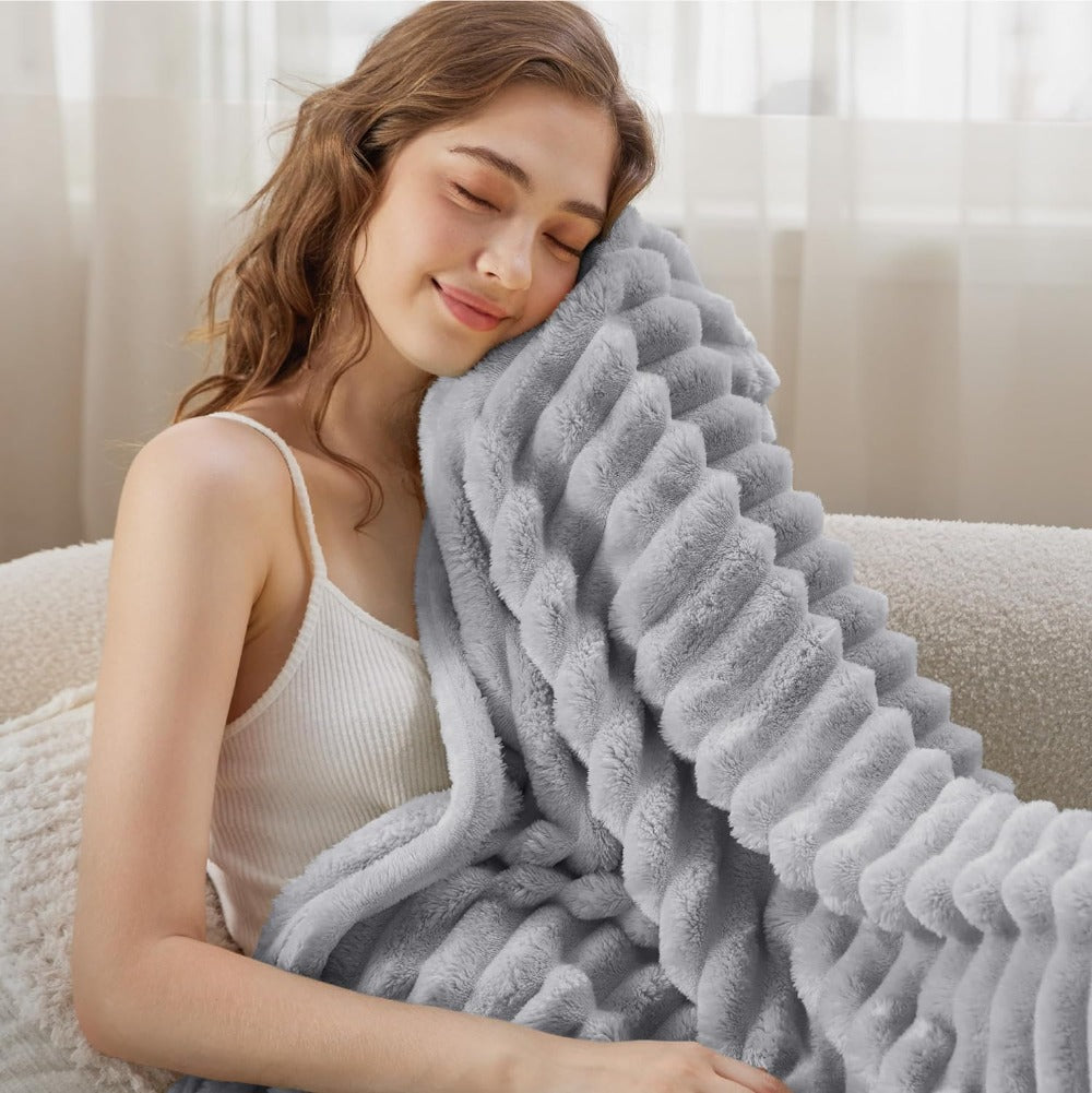 Fluffy Striped Throw Blanket for Sofa or Bed