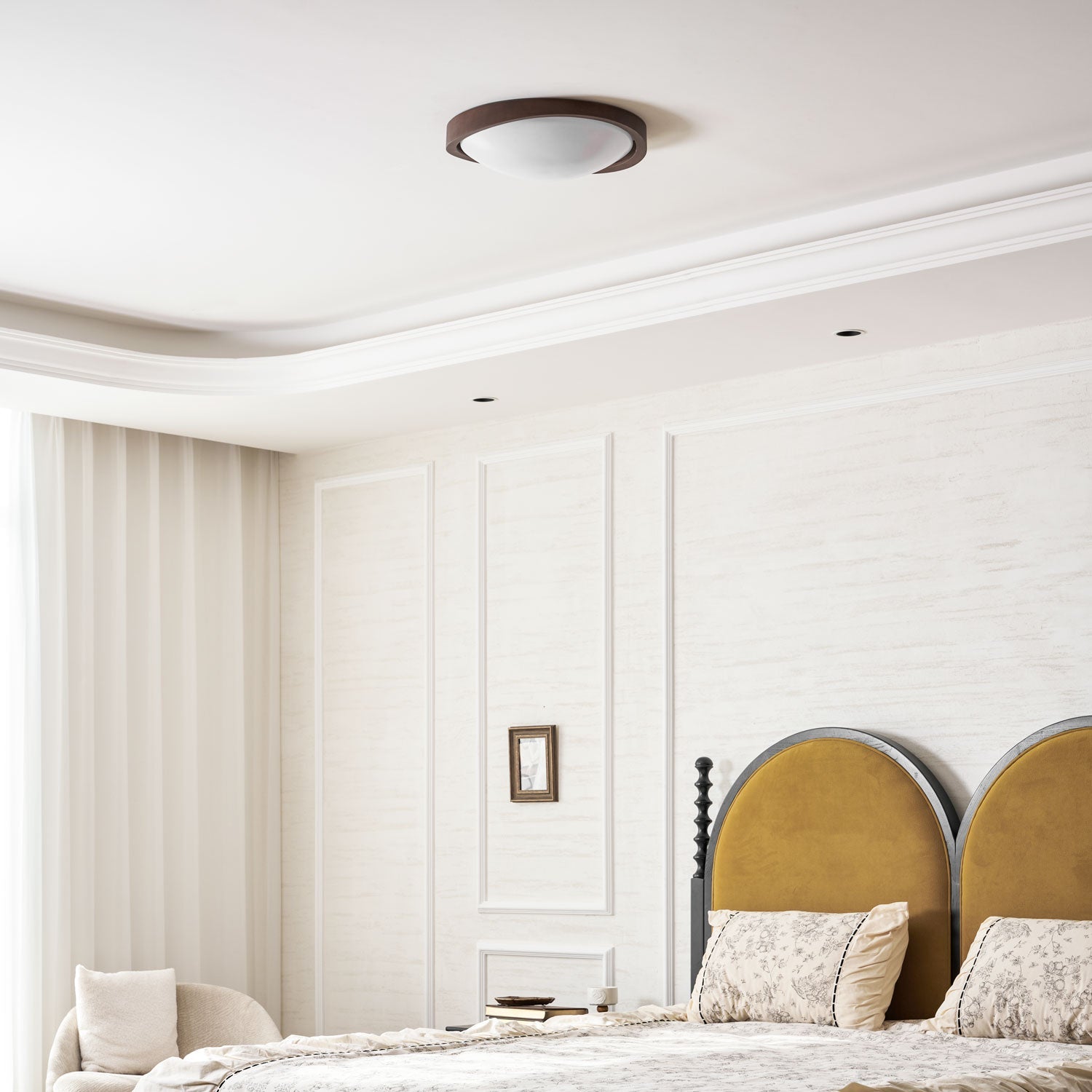 Modern Curved Walnut Finish LED Ceiling Light