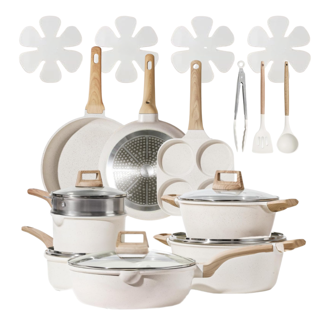 Cream White Granite Nonstick Cookware Set, Multi-Stovetop Compatible
