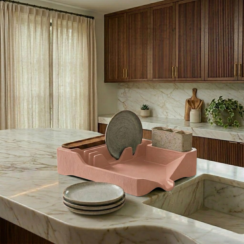 Dish Drying Rack with Drain Tray, Utensil Holder, and Cup Shelf