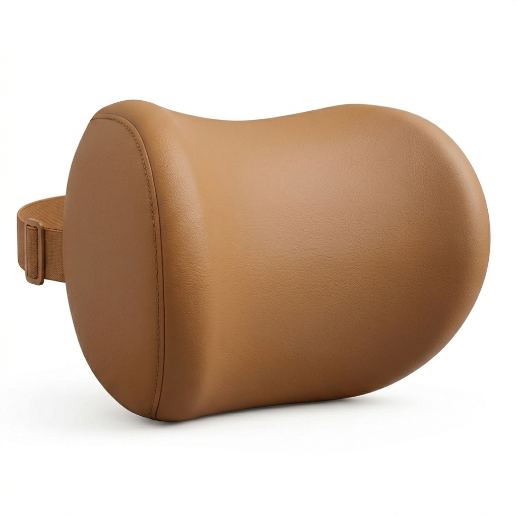 Memory Foam Car Headrest Neck Pillow, Adjustable Strap, Leather Cover