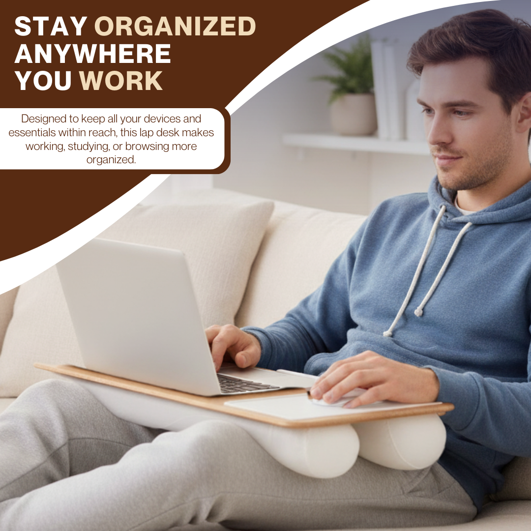 Portable Home Office Lap Desk with Mouse Pad, Cushion & Phone Slot
