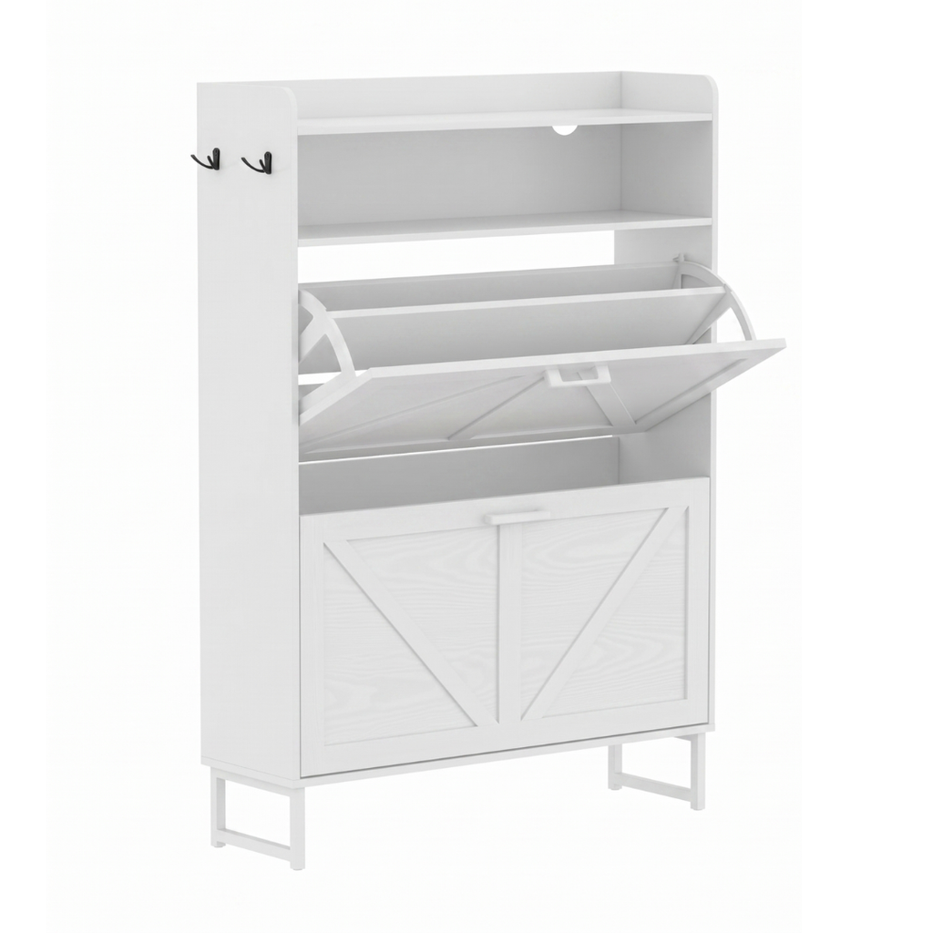 Slim Shoe Cabinet with 2 Flip Drawers, Top Surface, and Side Hooks