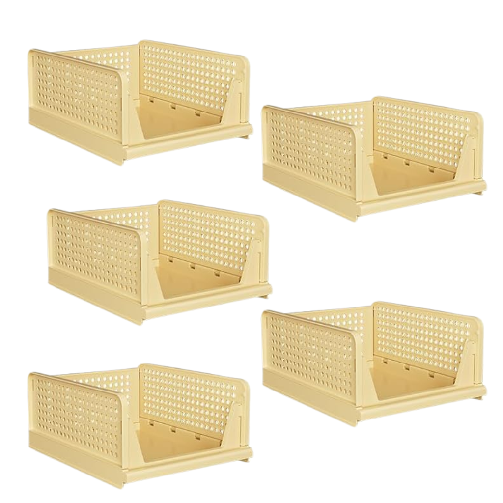 Stackable Closet Organizer Bins 5 Pack with Half Pull Rail, Foldable