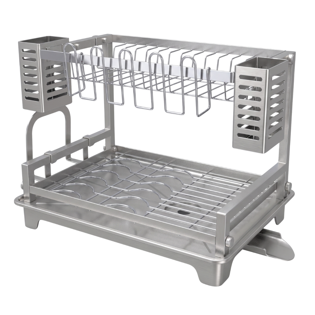 Two-Tier Dish Drying Rack with Drainboard and Utensil Holders