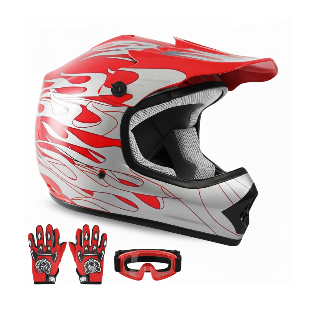 Youth Full Face Motorcycle Helmet with Goggles and Gloves Set