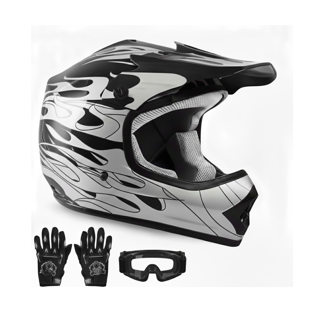 Youth Full Face Motorcycle Helmet with Goggles and Gloves Set