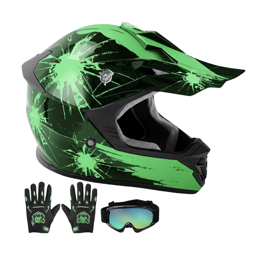 Youth Full Face Motorcycle Helmet with Goggles and Gloves Set