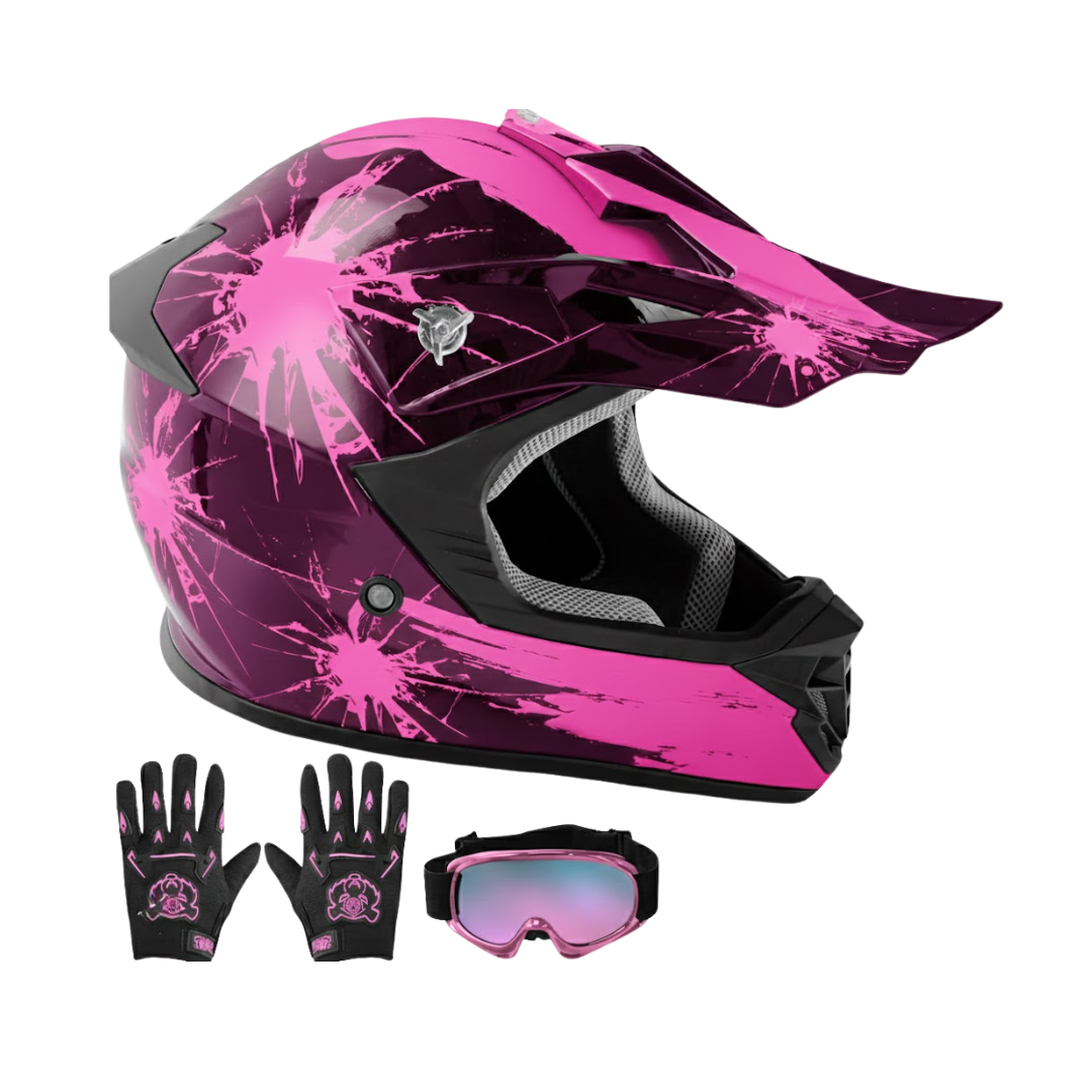 Youth Full Face Motorcycle Helmet with Goggles and Gloves Set